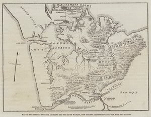 Mapa kraju pomiędzy Auckland i rzeką Waikato, Nowa Zelandia, ilustrująca wojnę z tubylcami